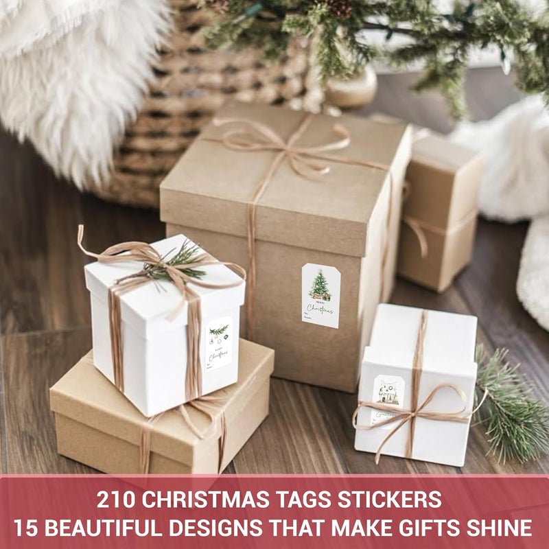 AUDREE 210 Pcs Boho Green Christmas Gift Tag Stickers – Self-Adhesive Rustic Watercolor Holiday Labels – Christmas Name Tags Label Stickers for Xmas Gifts Wrap Presents Box Envelope Decor - Image 4